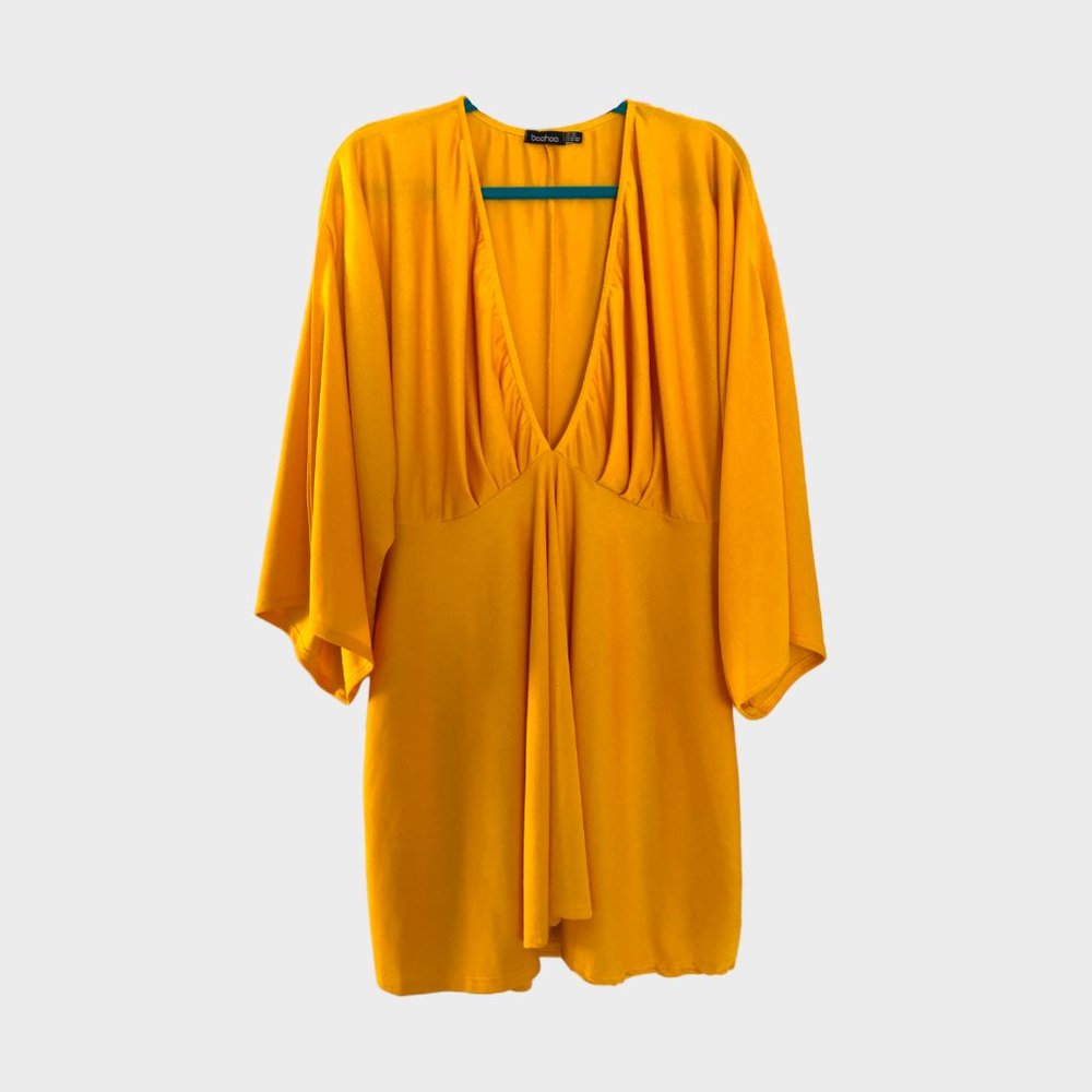 boohoo Mustard Plus Plunge Split Kimono Sleeve Skater Dress size US 16 UK 20